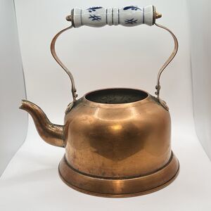 Vintage Copper And Brass Teapot Blue And White Delft Style Ceramic handle No Lid